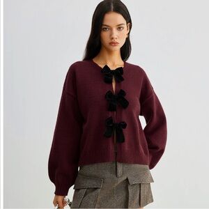 Commense NWT Burgundy Sweater with Accents Velvet-Bow Lantern Sleeve Sweater